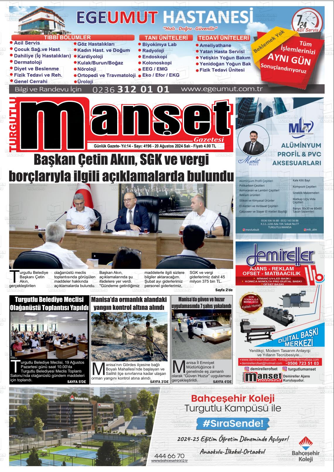 20 Ağustos 2024 Turgutlu Manşet Gazete Manşeti