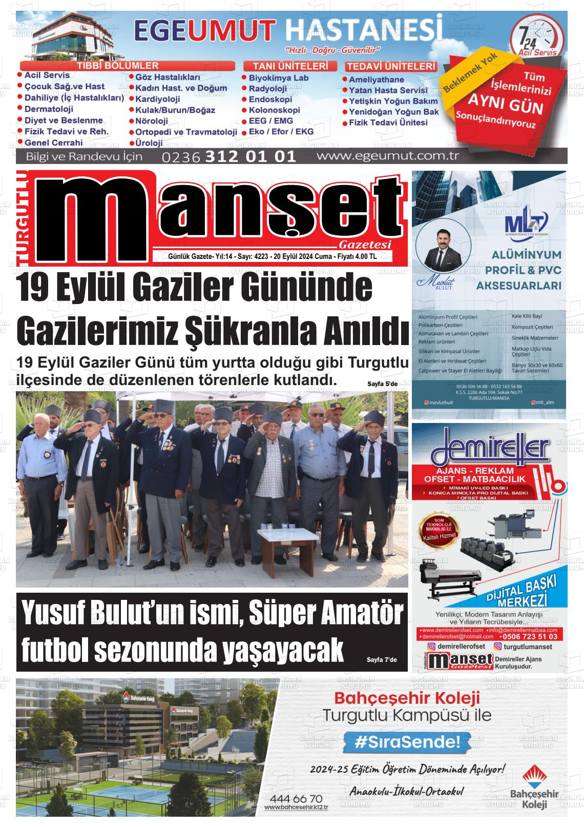 20 Eylül 2024 Turgutlu Manşet Gazete Manşeti