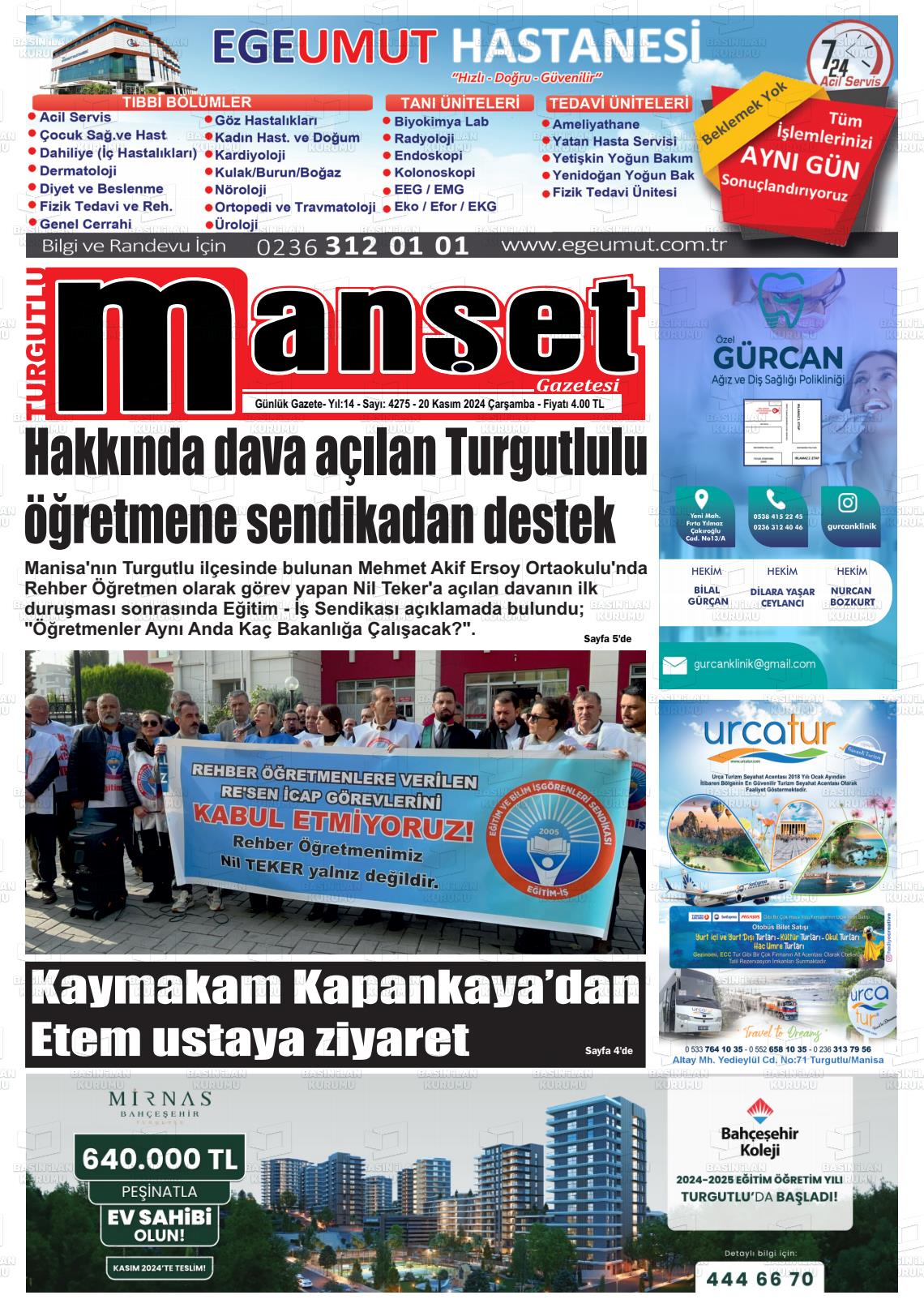 20 Kasım 2024 Turgutlu Manşet Gazete Manşeti