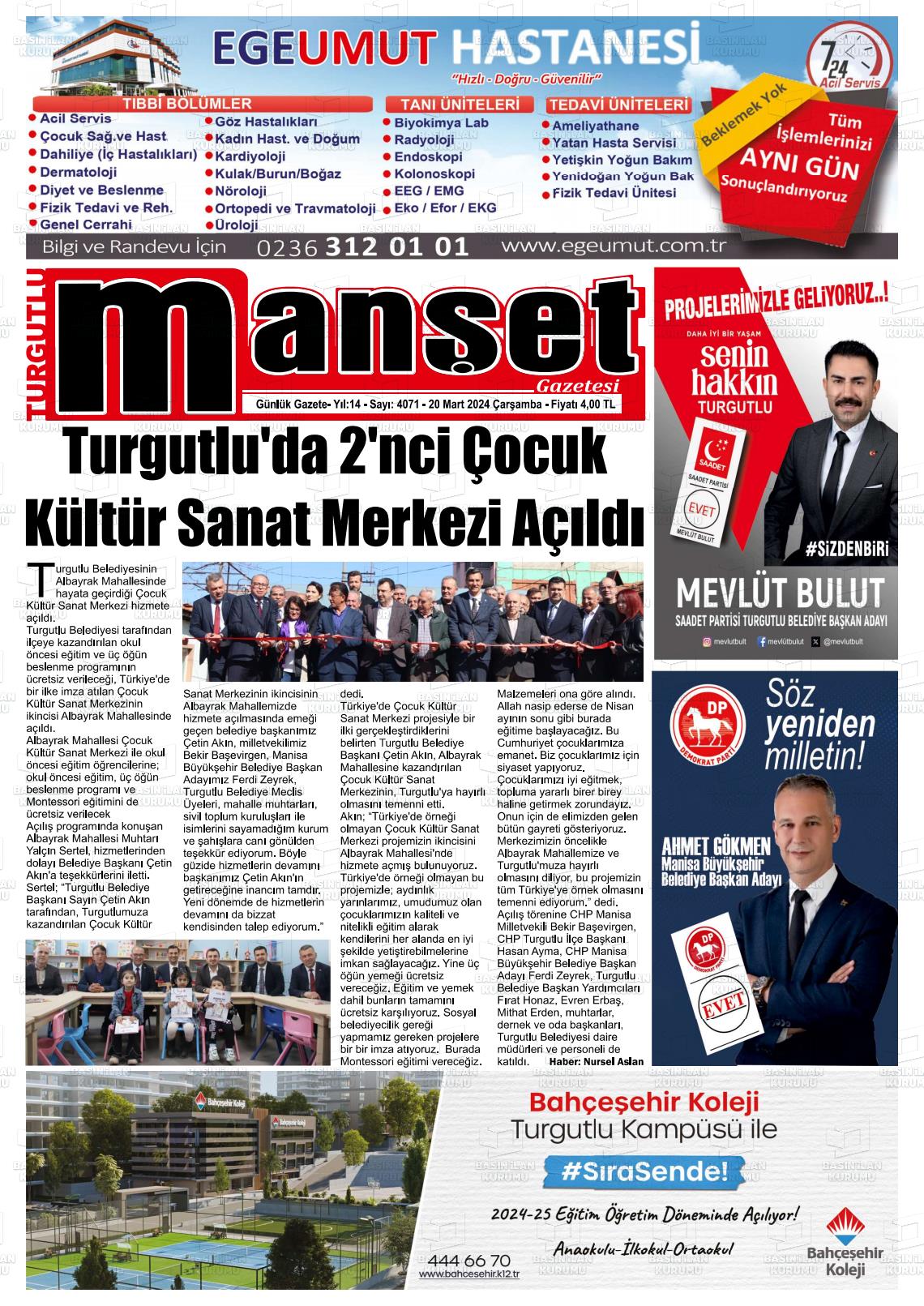 20 Mart 2024 Turgutlu Manşet Gazete Manşeti