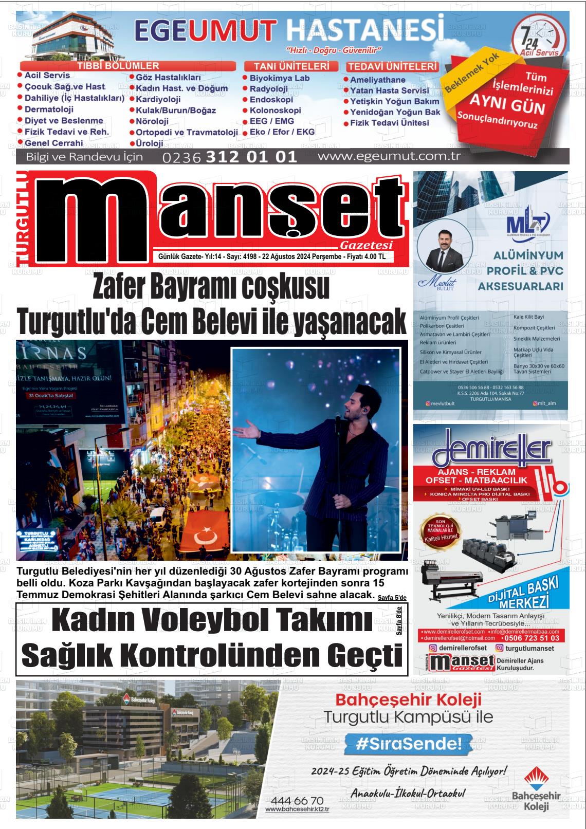 22 Ağustos 2024 Turgutlu Manşet Gazete Manşeti