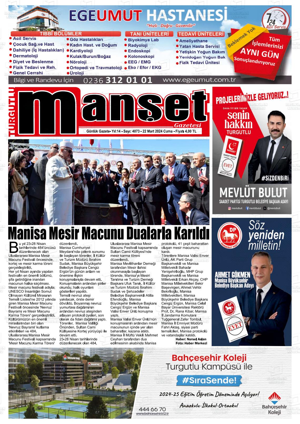 22 Mart 2024 Turgutlu Manşet Gazete Manşeti