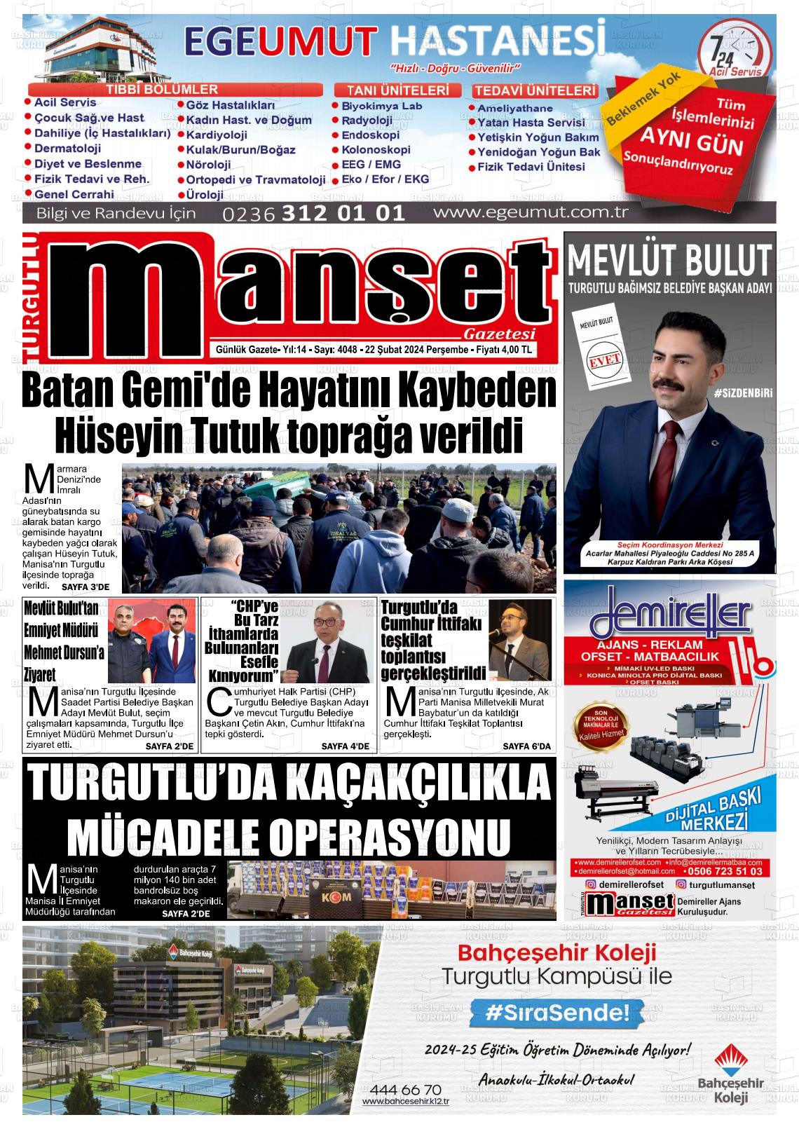 22 Şubat 2024 Turgutlu Manşet Gazete Manşeti