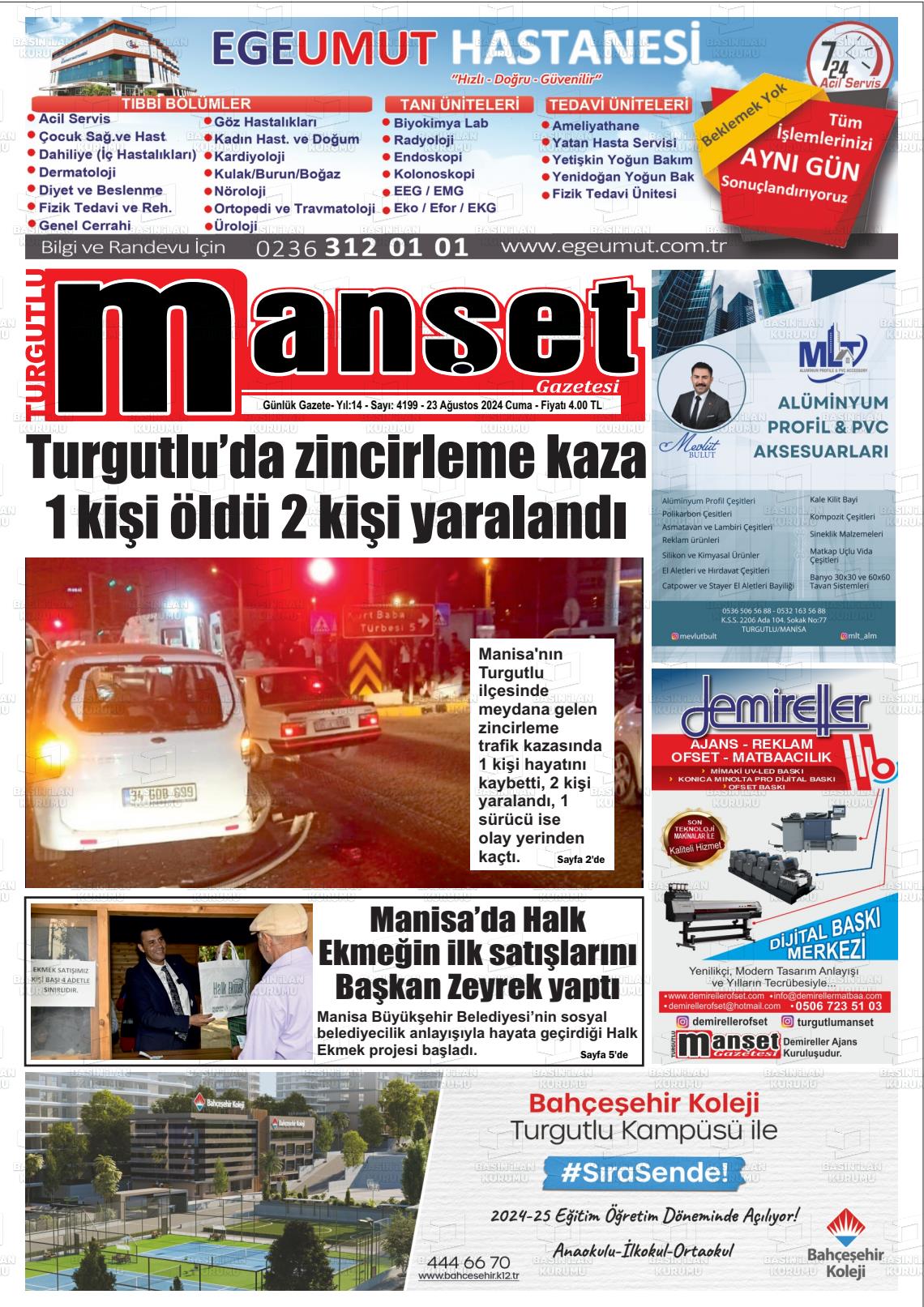 23 Ağustos 2024 Turgutlu Manşet Gazete Manşeti