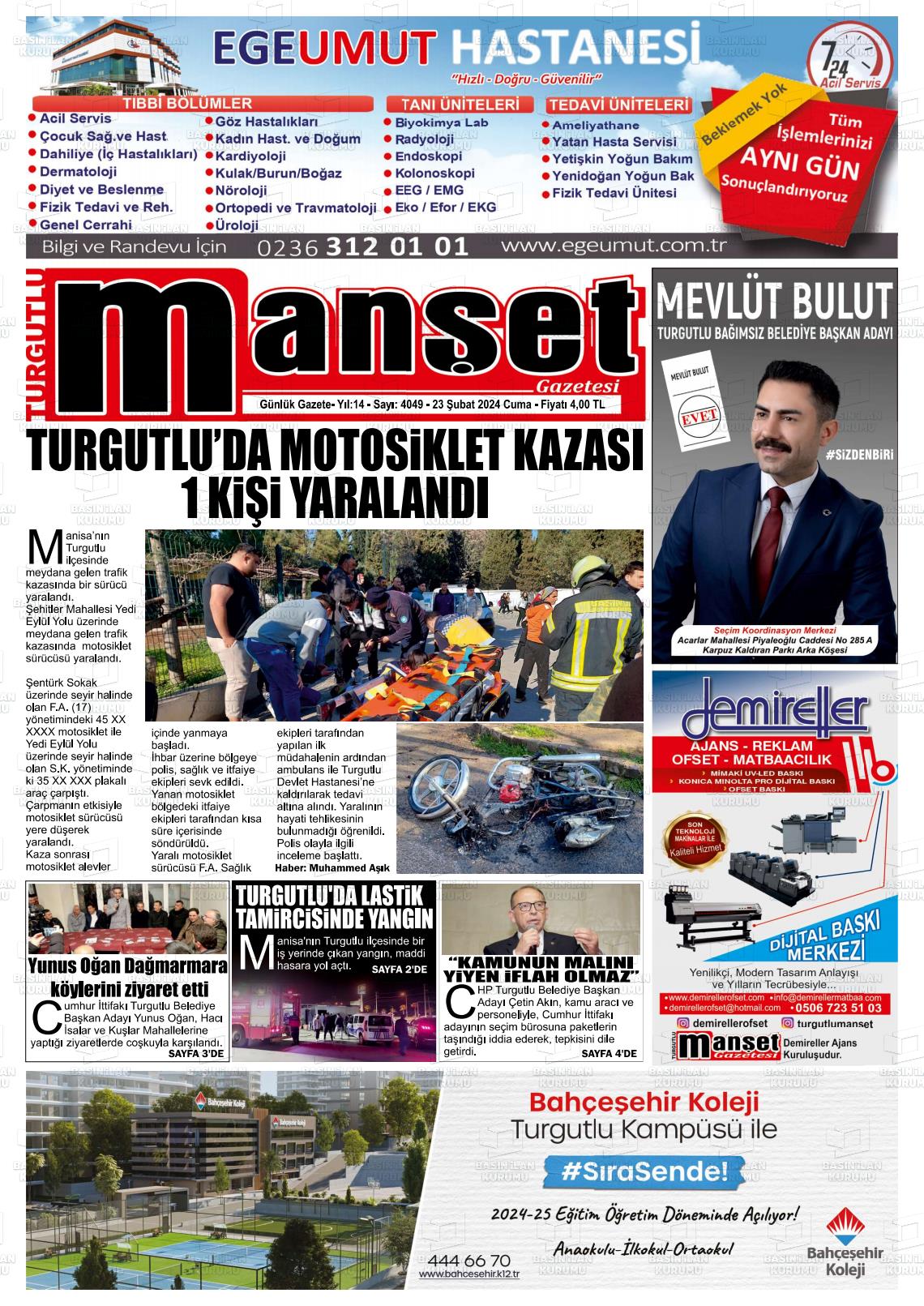 23 Şubat 2024 Turgutlu Manşet Gazete Manşeti