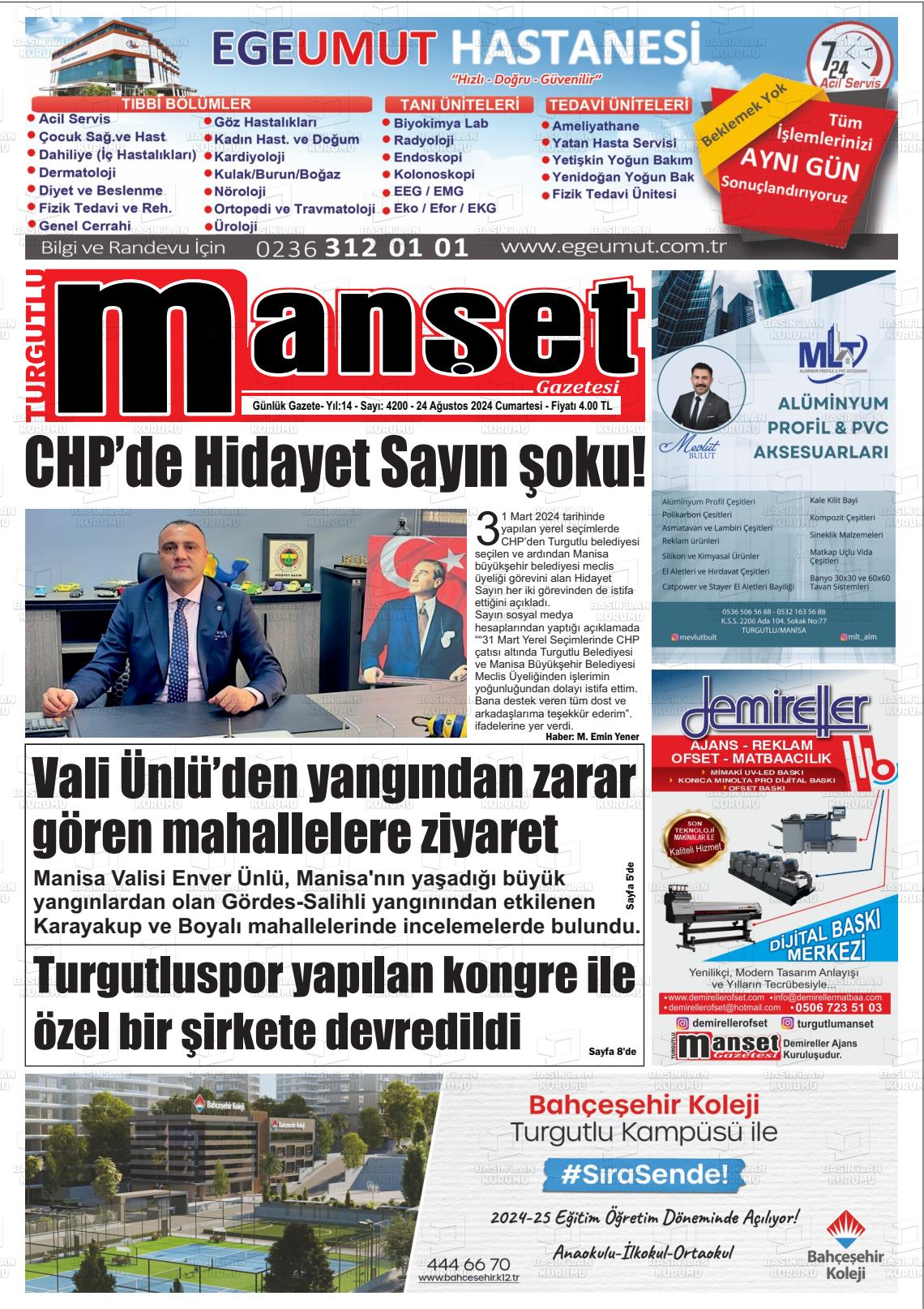 24 Ağustos 2024 Turgutlu Manşet Gazete Manşeti