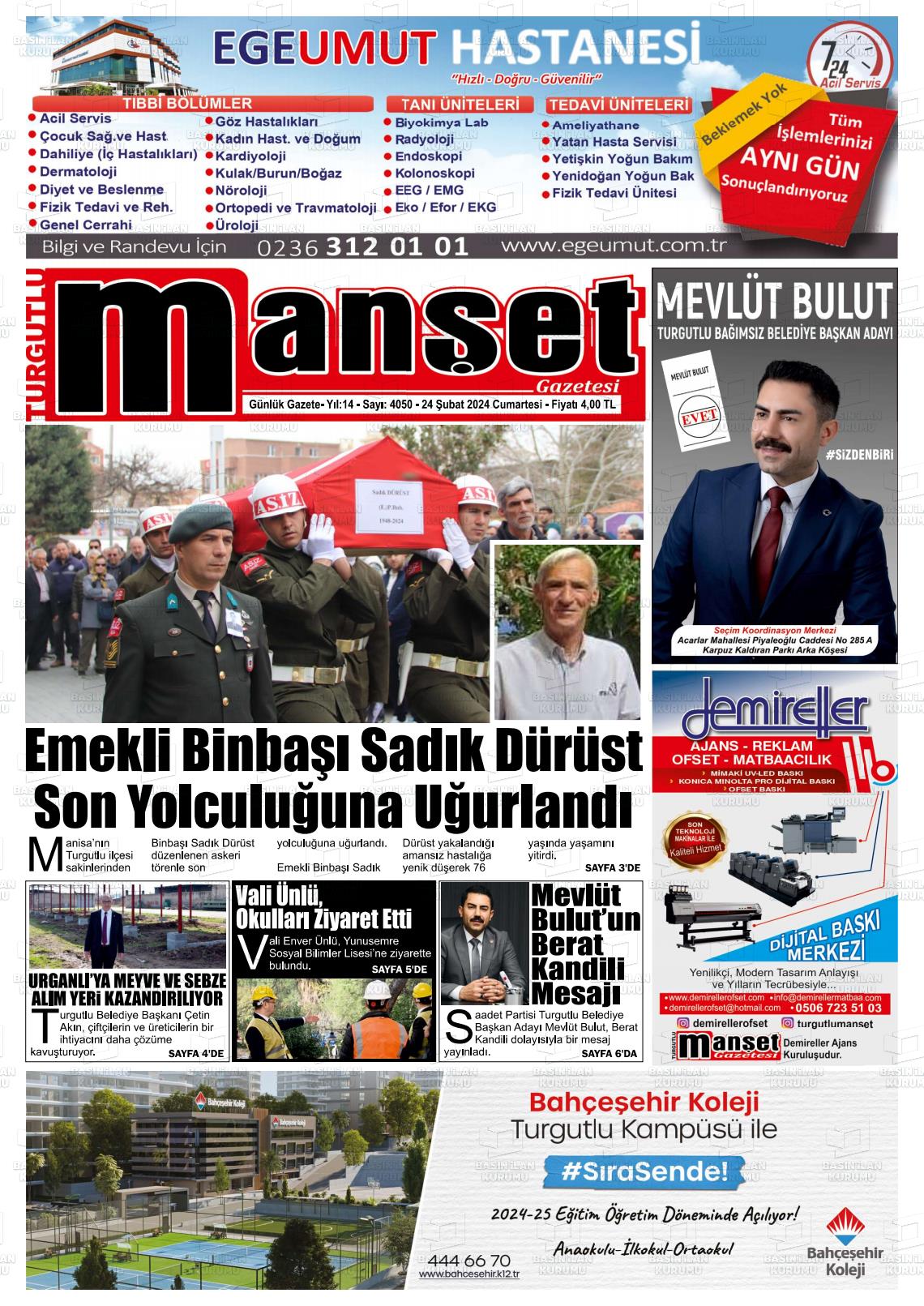 24 Şubat 2024 Turgutlu Manşet Gazete Manşeti