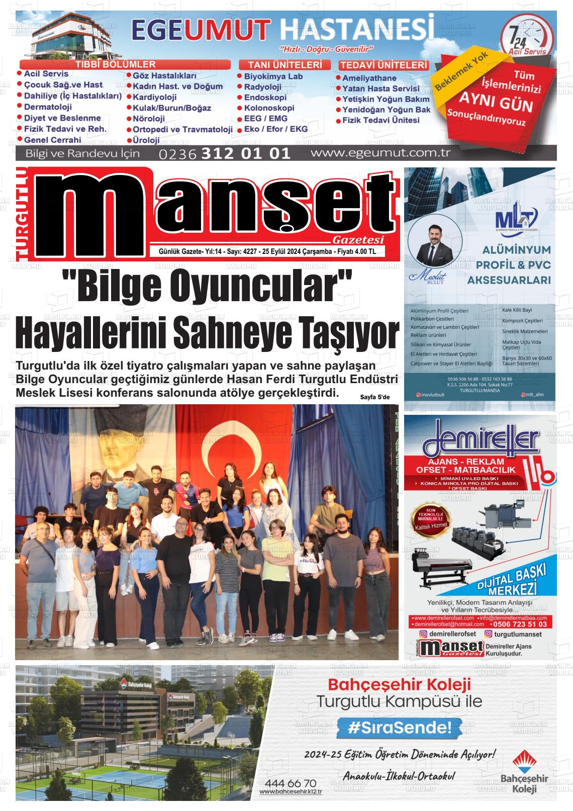 25 Eylül 2024 Turgutlu Manşet Gazete Manşeti