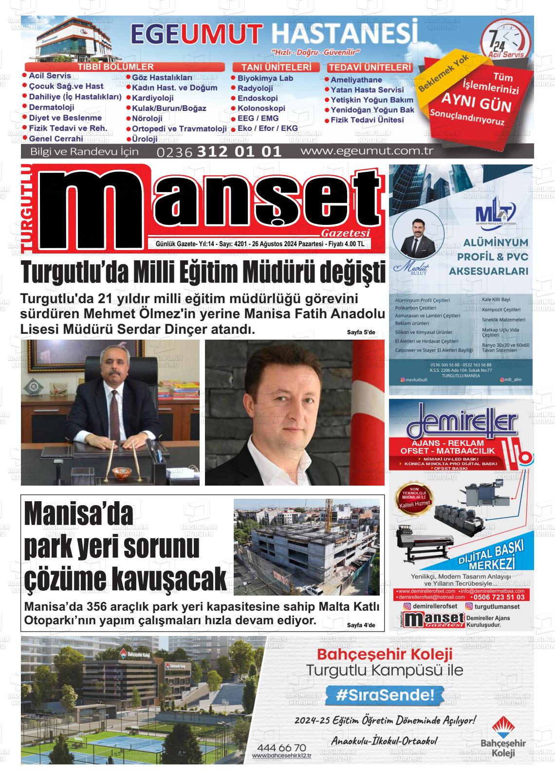 26 Ağustos 2024 Turgutlu Manşet Gazete Manşeti