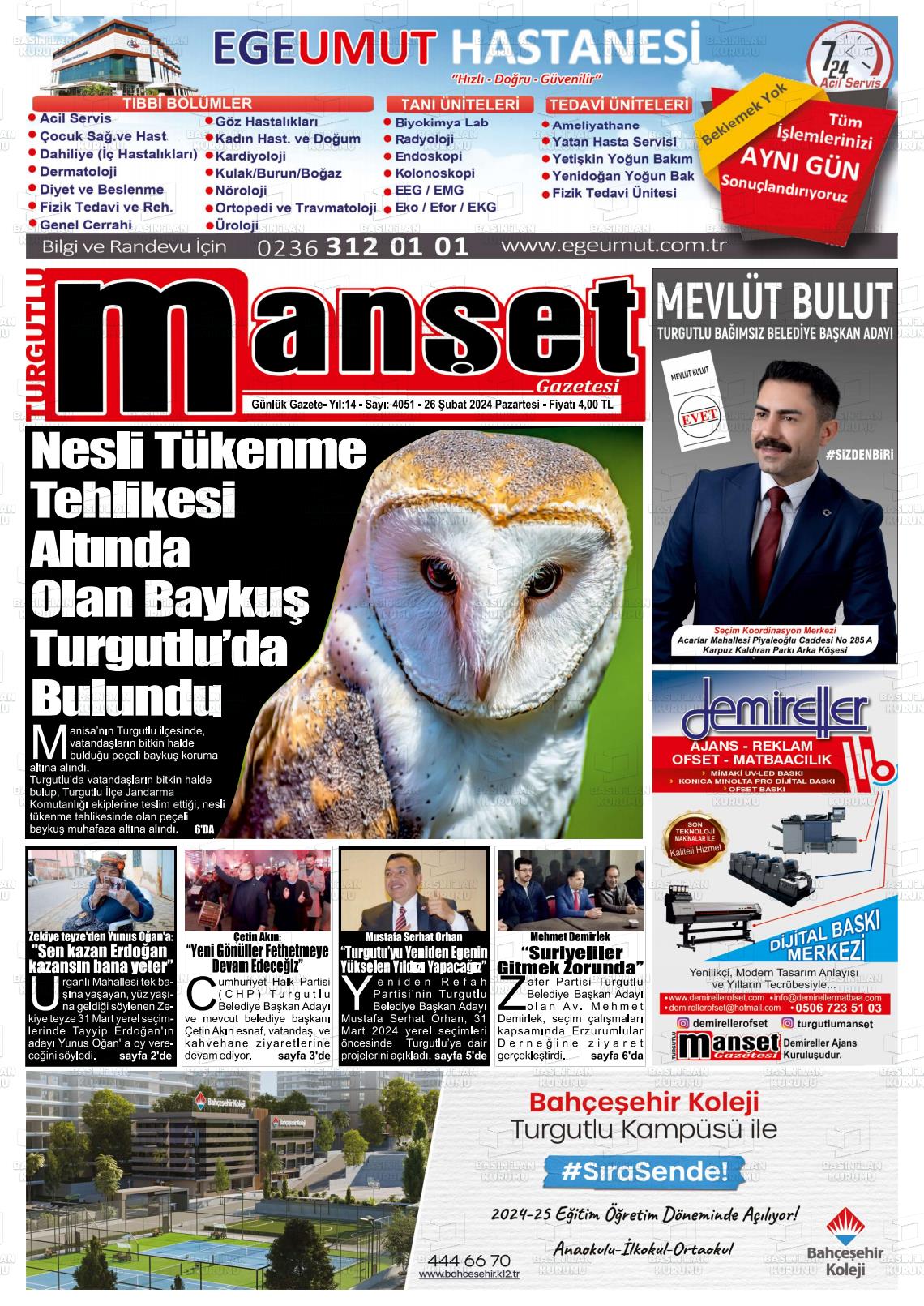 26 Şubat 2024 Turgutlu Manşet Gazete Manşeti