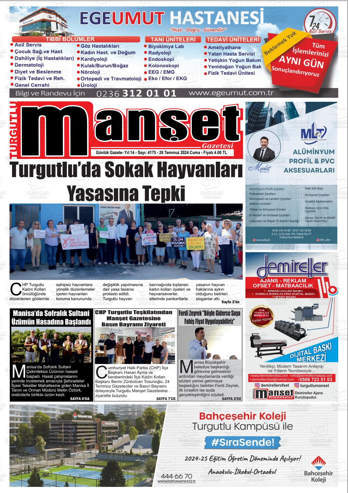 26 Temmuz 2024 Turgutlu Manşet Gazete Manşeti