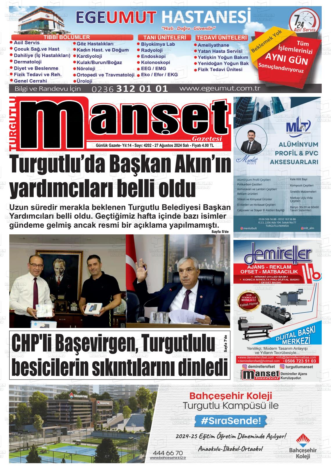 27 Ağustos 2024 Turgutlu Manşet Gazete Manşeti