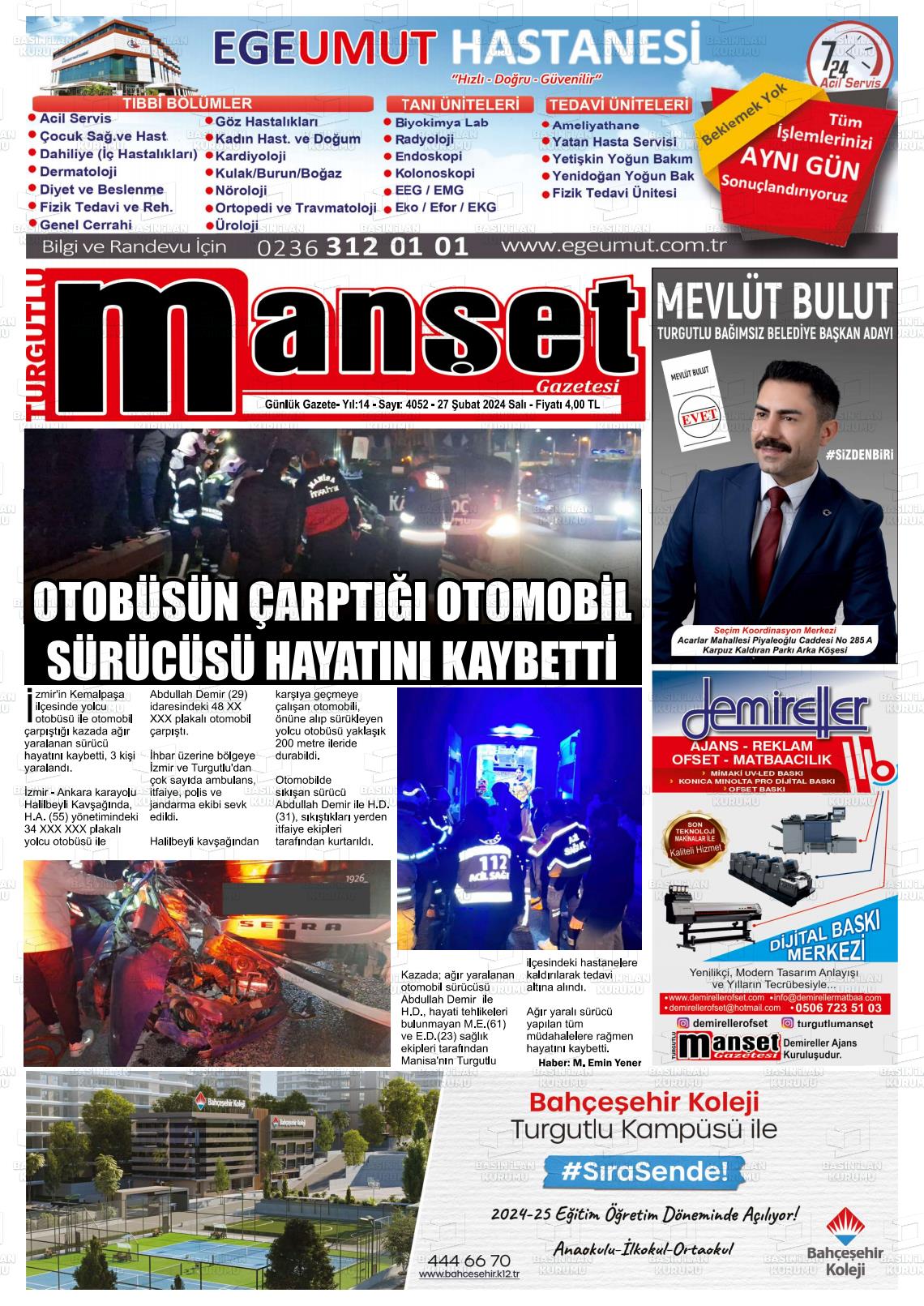 27 Şubat 2024 Turgutlu Manşet Gazete Manşeti