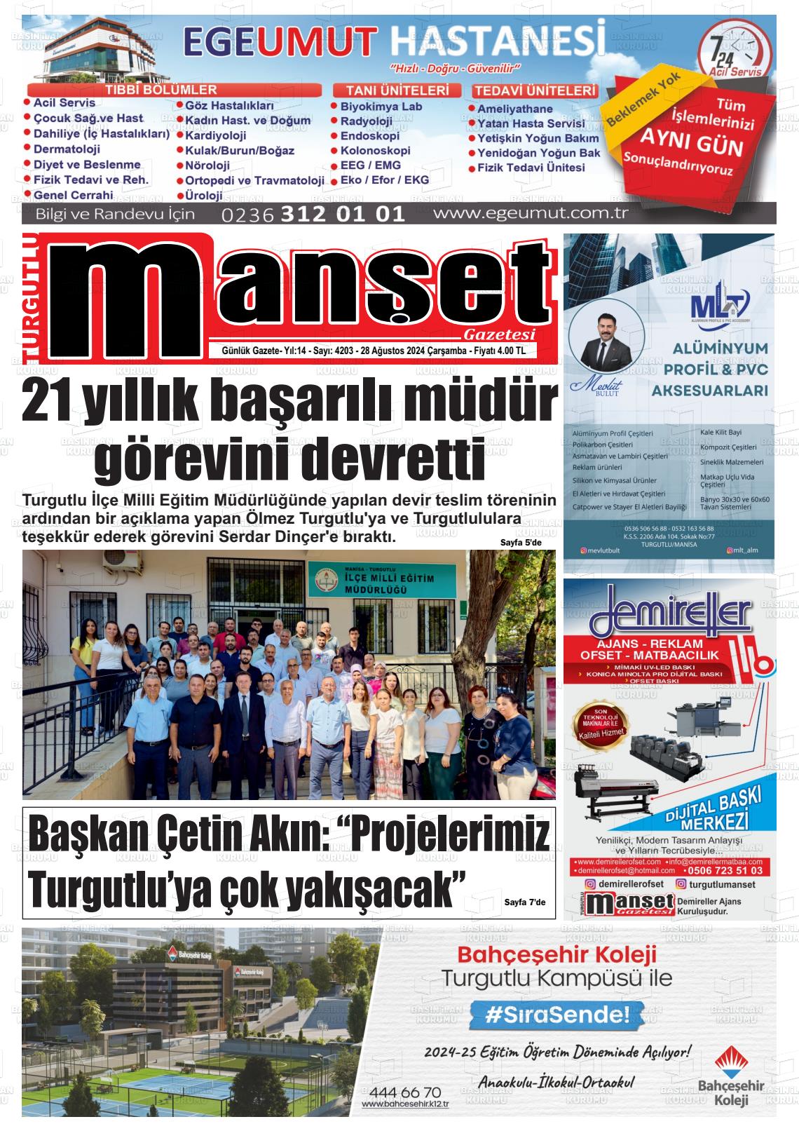 28 Ağustos 2024 Turgutlu Manşet Gazete Manşeti