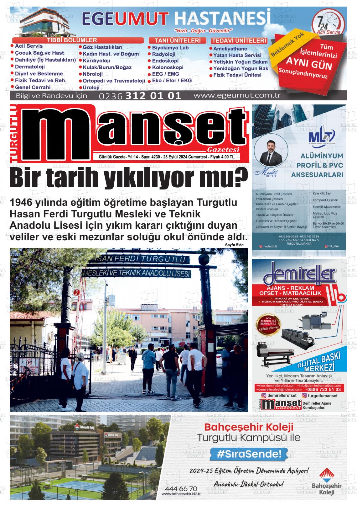 28 Eylül 2024 Turgutlu Manşet Gazete Manşeti