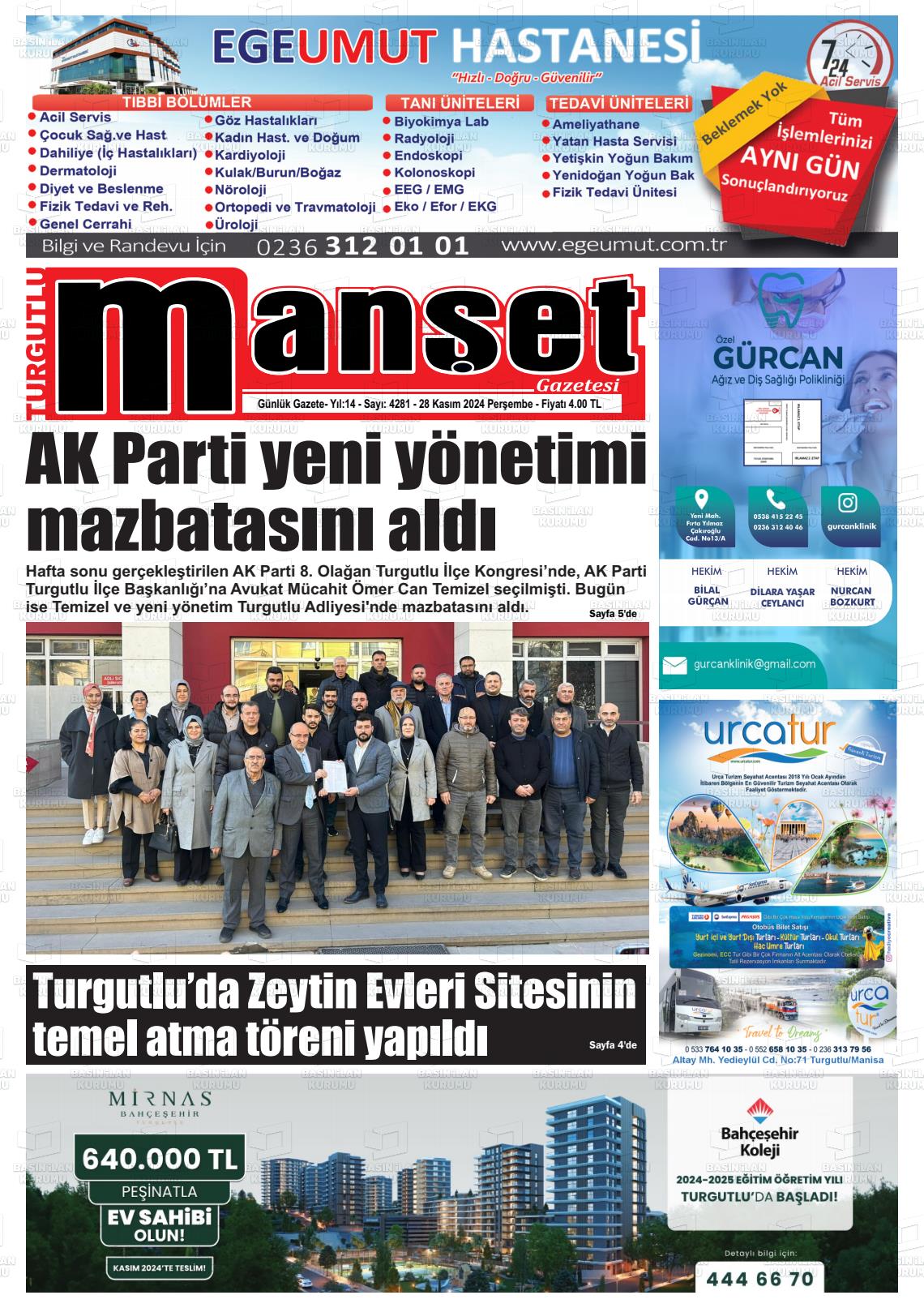 20 Aralık 2024 Turgutlu Manşet Gazete Manşeti