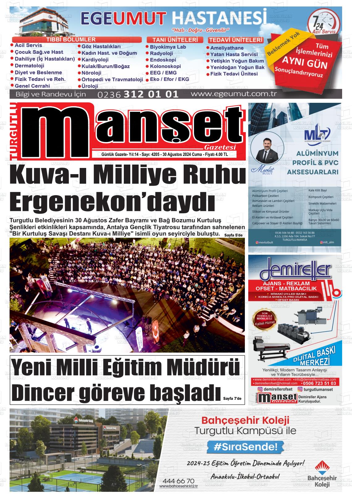 30 Ağustos 2024 Turgutlu Manşet Gazete Manşeti