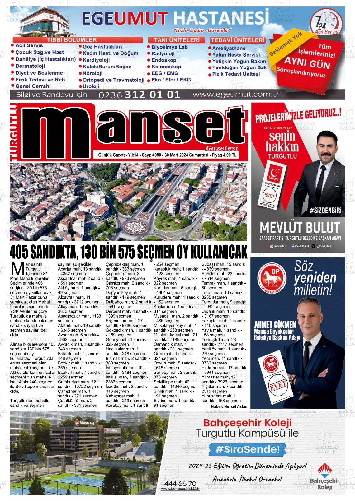 30 Mart 2024 Turgutlu Manşet Gazete Manşeti