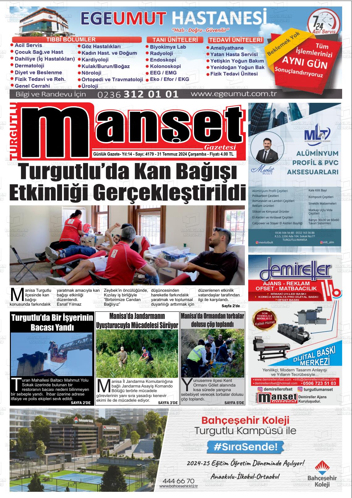 31 Temmuz 2024 Turgutlu Manşet Gazete Manşeti