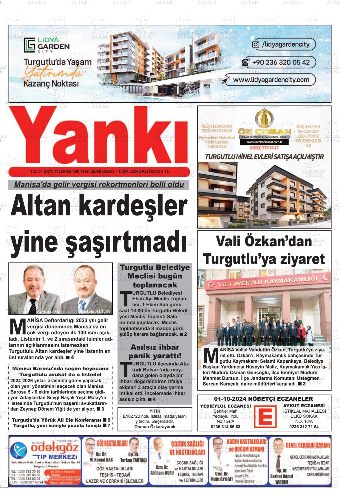 01 Ekim 2024 Turgutlu Yankı Gazete Manşeti