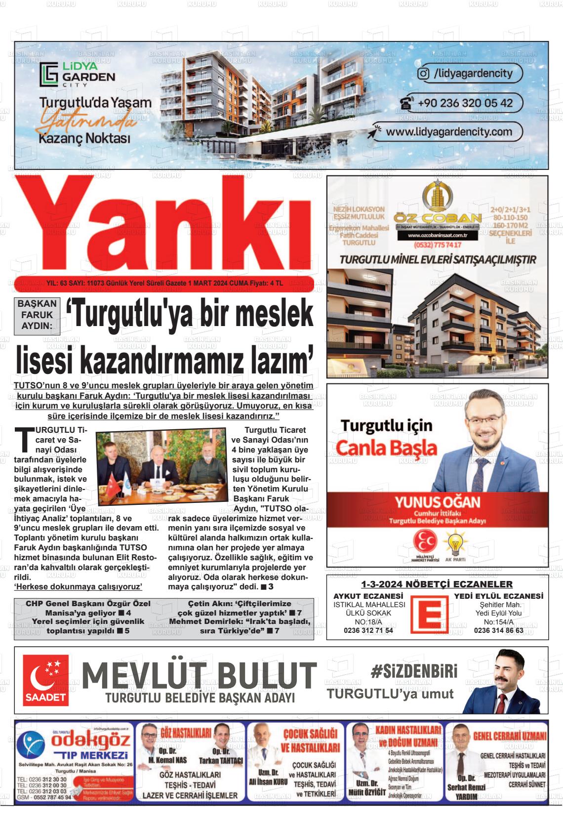 01 Mart 2024 Turgutlu Yankı Gazete Manşeti