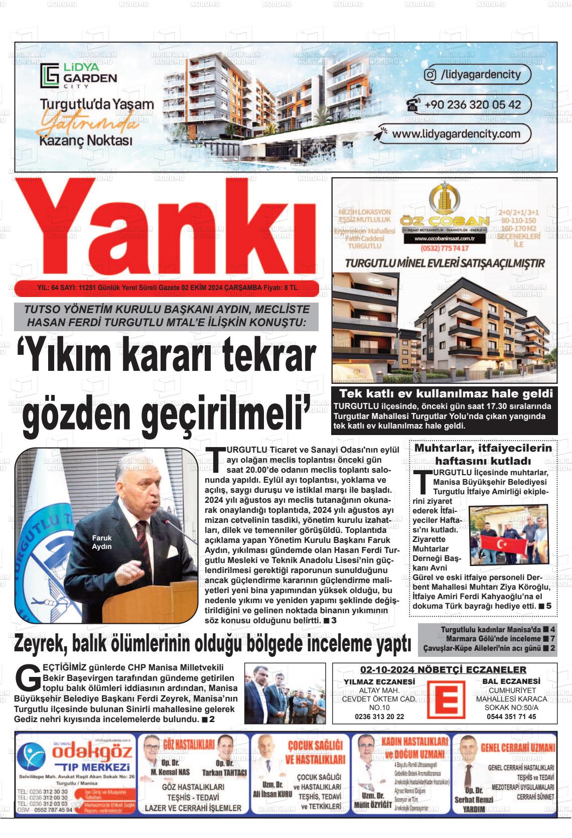 02 Ekim 2024 Turgutlu Yankı Gazete Manşeti