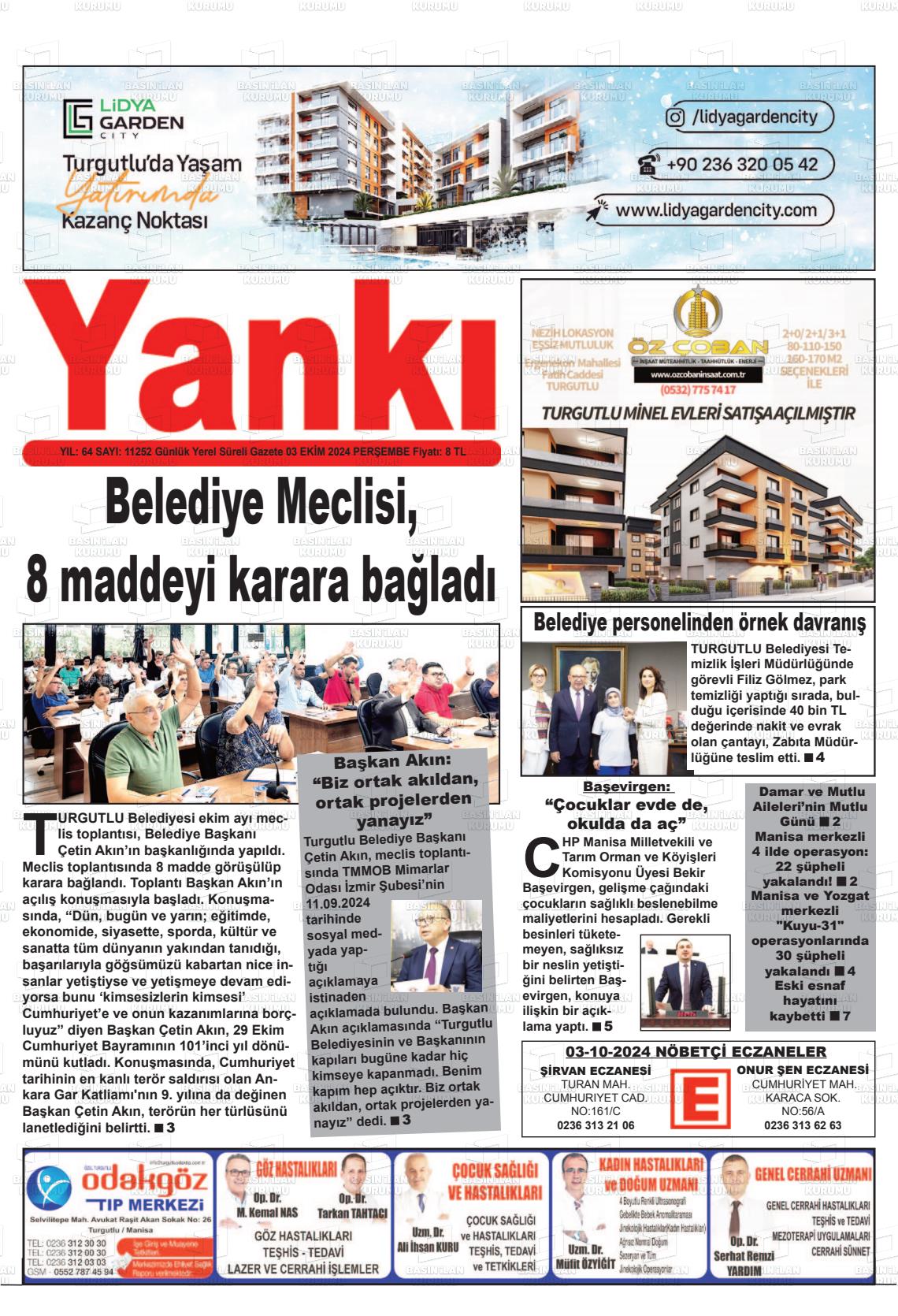 03 Ekim 2024 Turgutlu Yankı Gazete Manşeti