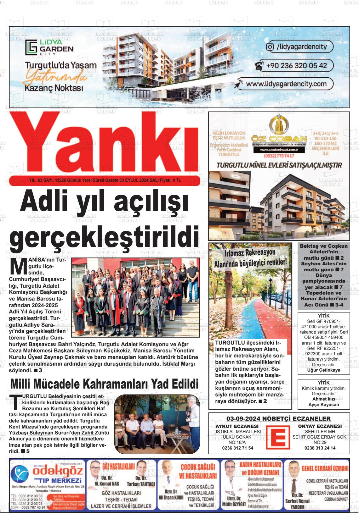 03 Eylül 2024 Turgutlu Yankı Gazete Manşeti