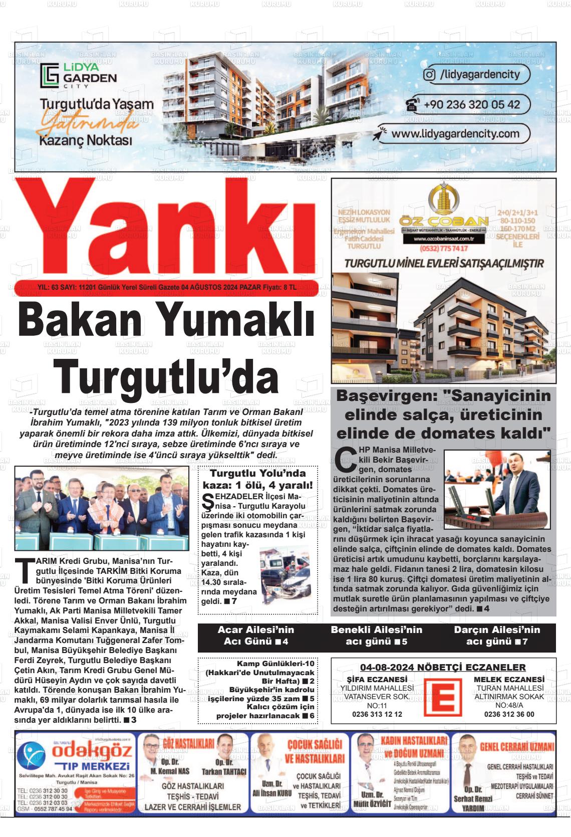 04 Ağustos 2024 Turgutlu Yankı Gazete Manşeti