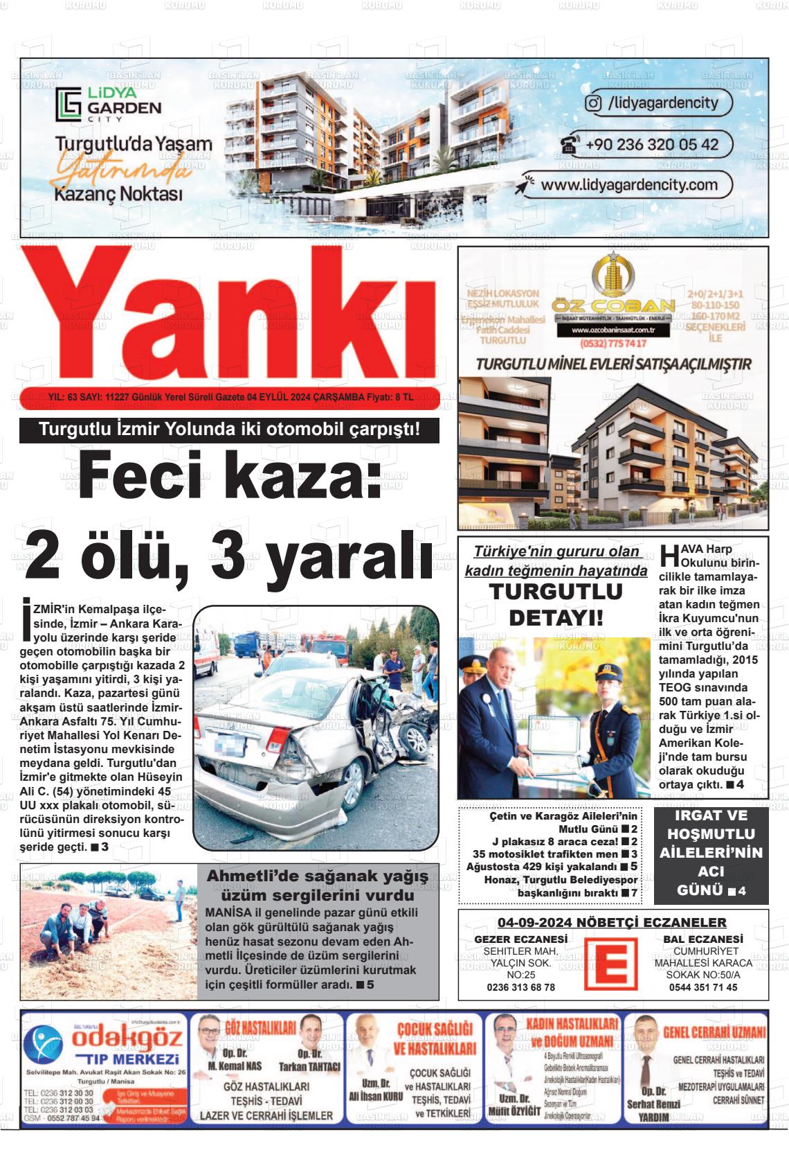 04 Eylül 2024 Turgutlu Yankı Gazete Manşeti