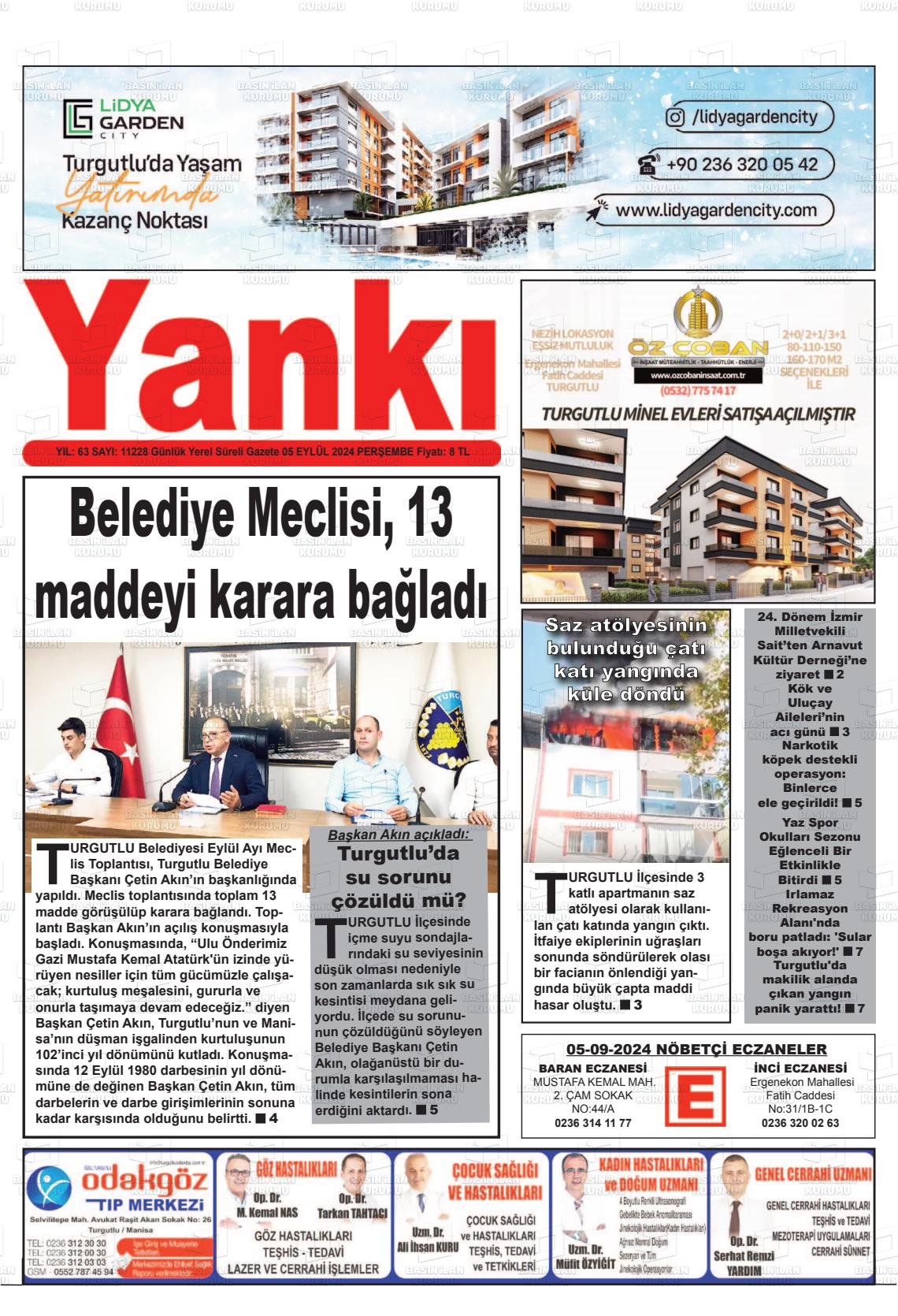 05 Eylül 2024 Turgutlu Yankı Gazete Manşeti