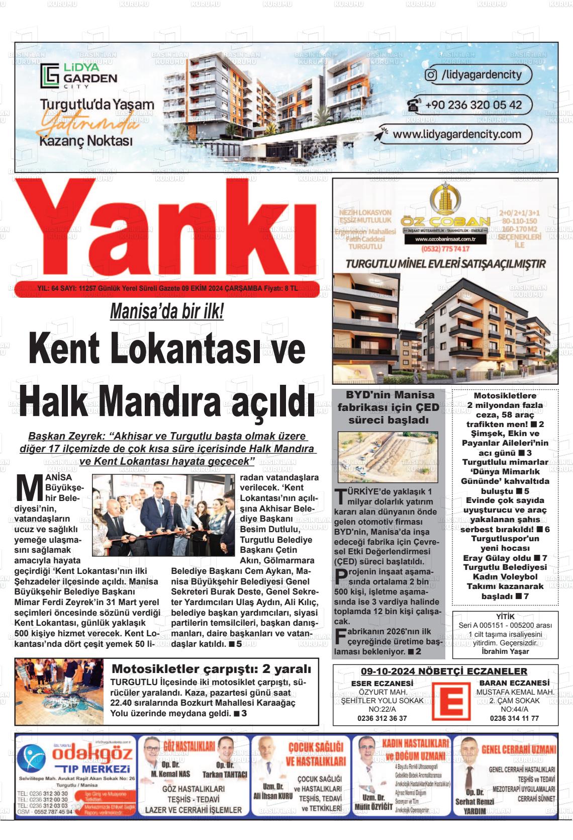 09 Ekim 2024 Turgutlu Yankı Gazete Manşeti