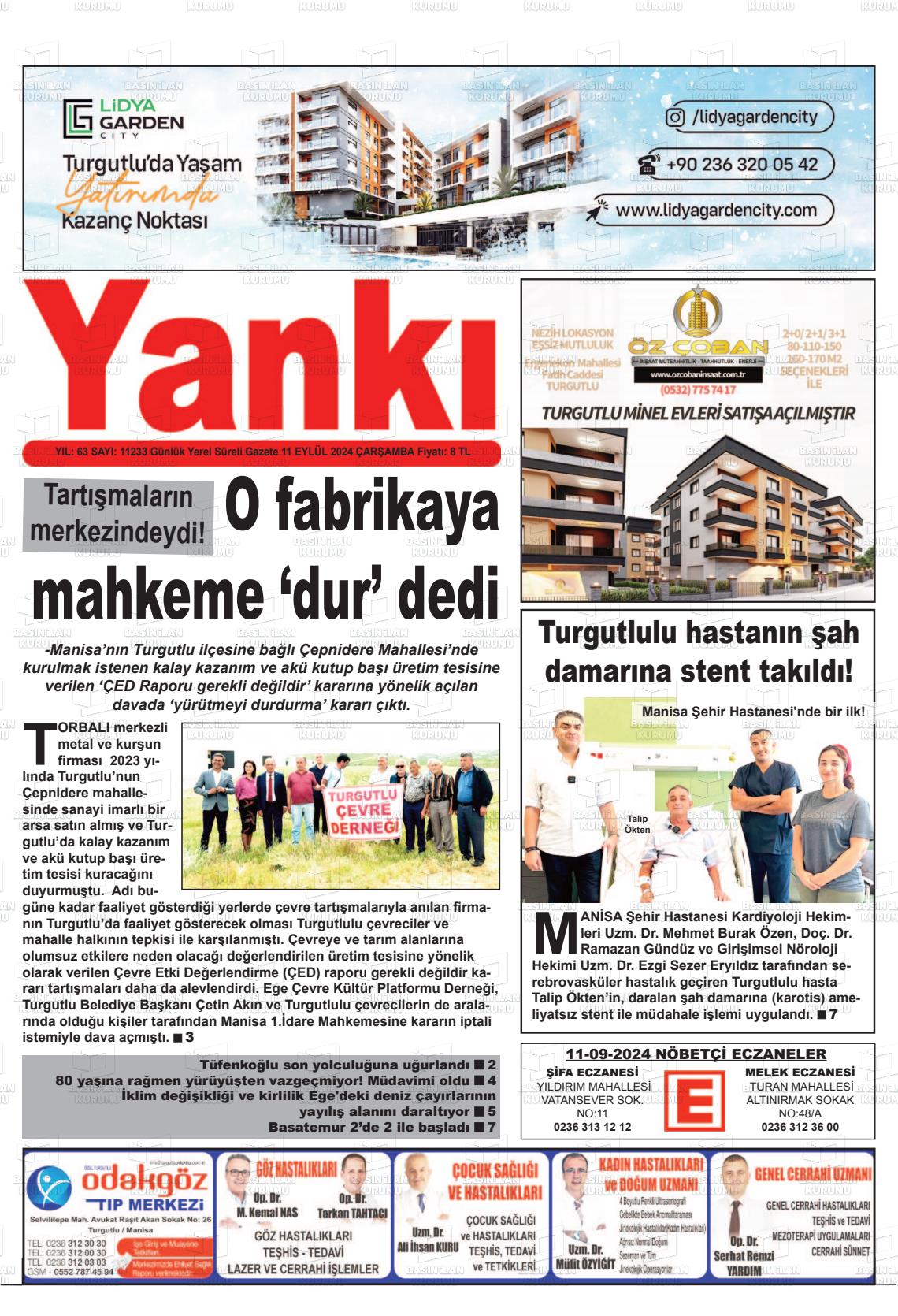 11 Eylül 2024 Turgutlu Yankı Gazete Manşeti