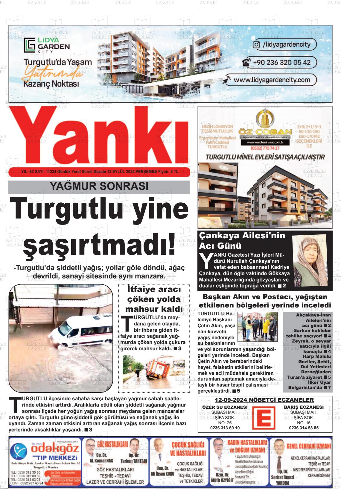 12 Eylül 2024 Turgutlu Yankı Gazete Manşeti