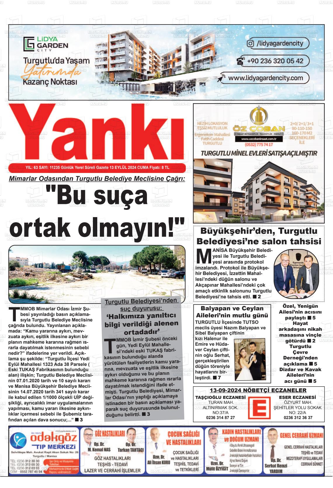 13 Eylül 2024 Turgutlu Yankı Gazete Manşeti