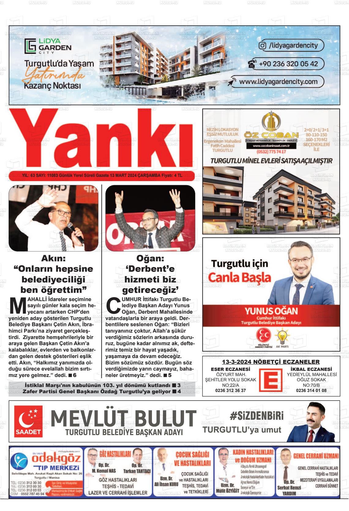 13 Mart 2024 Turgutlu Yankı Gazete Manşeti