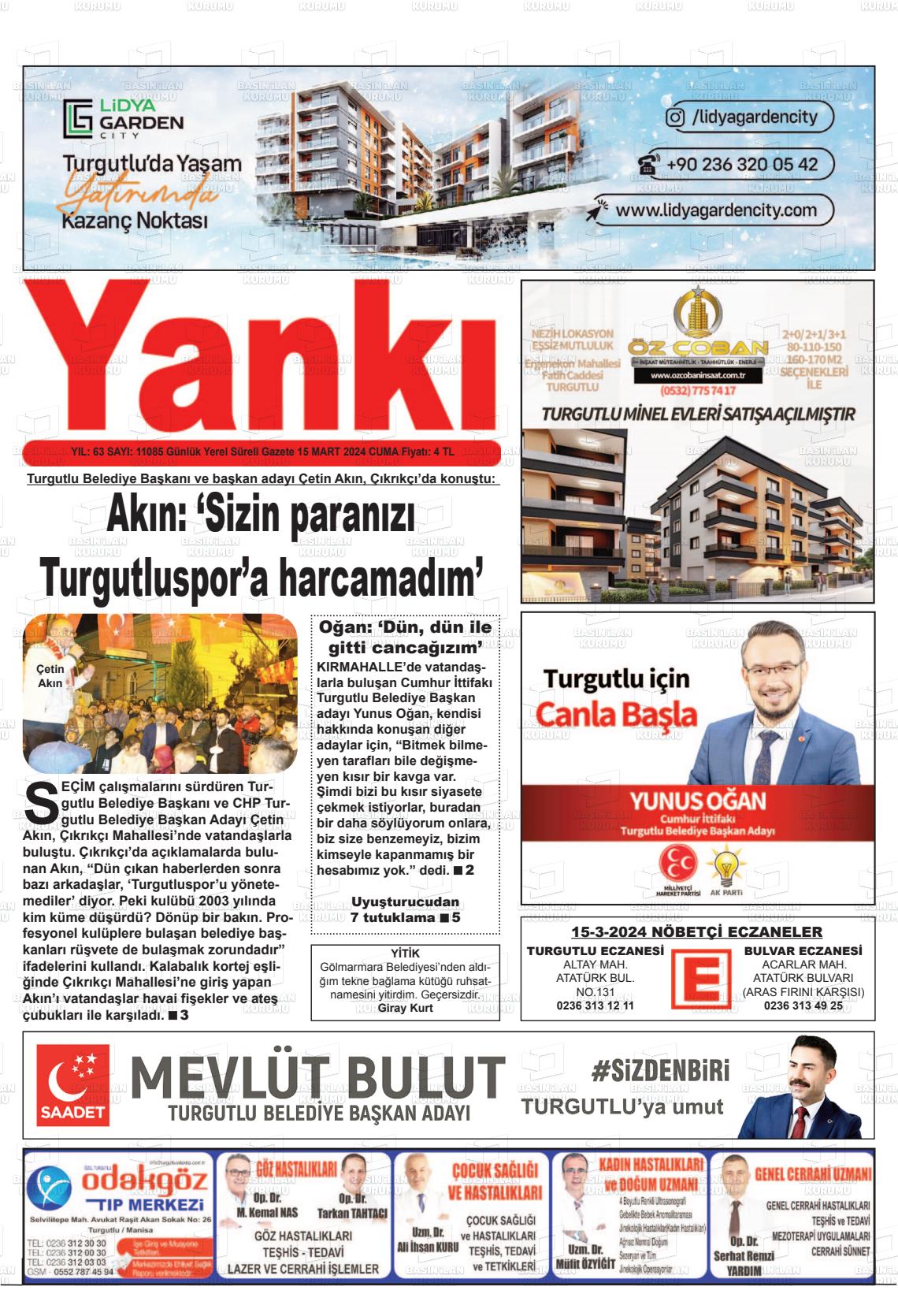 15 Mart 2024 Turgutlu Yankı Gazete Manşeti