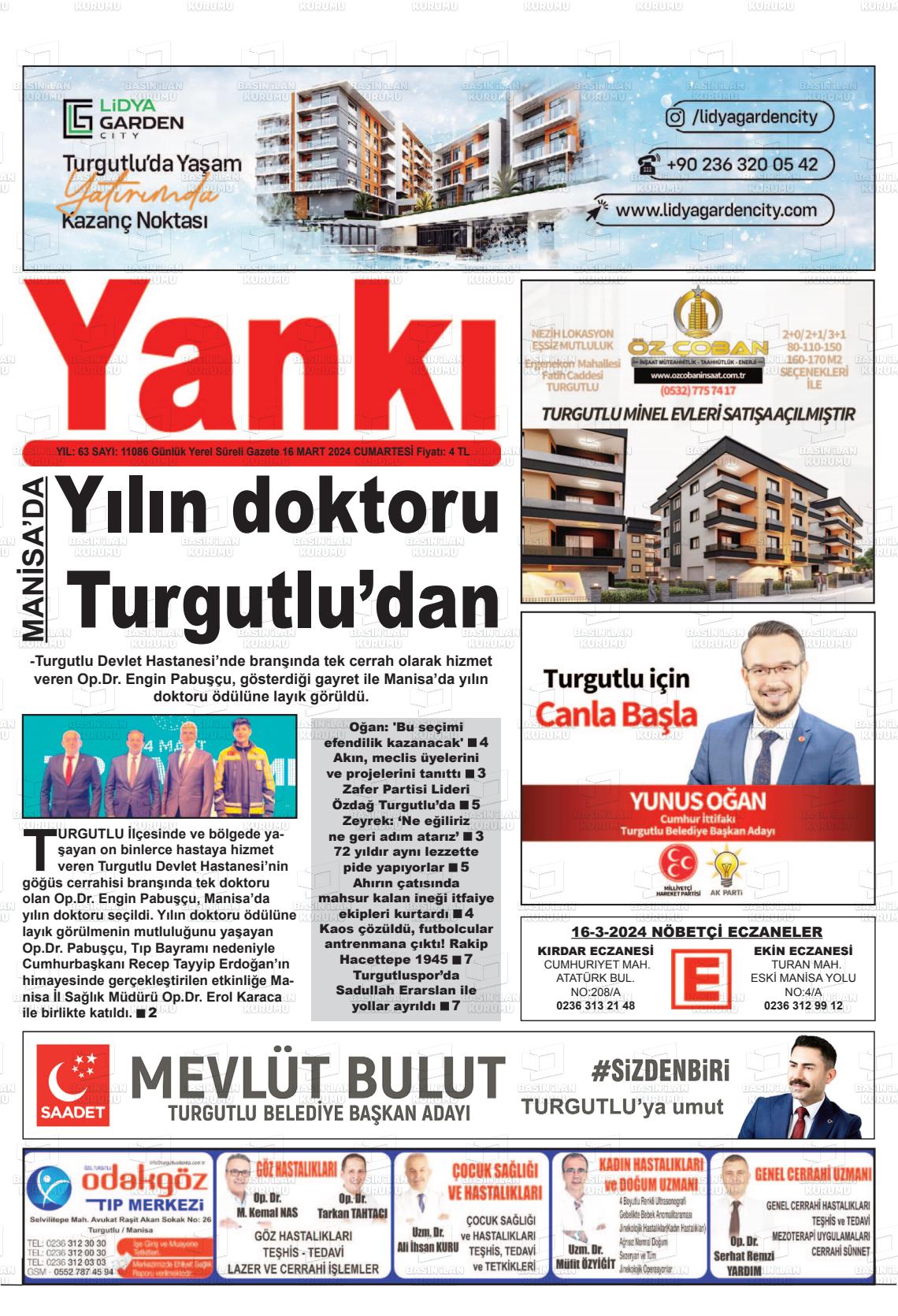 16 Mart 2024 Turgutlu Yankı Gazete Manşeti