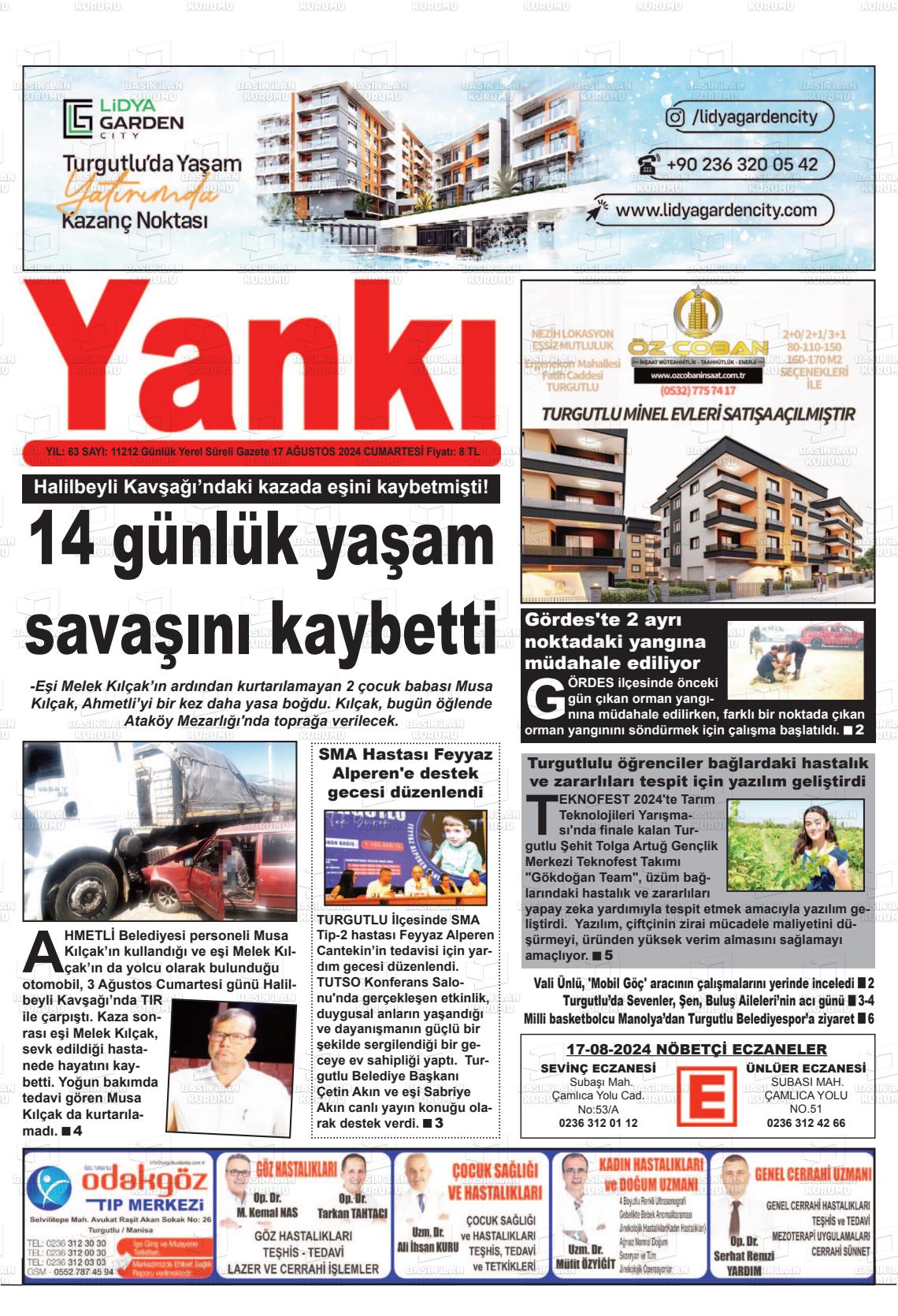 17 Ağustos 2024 Turgutlu Yankı Gazete Manşeti