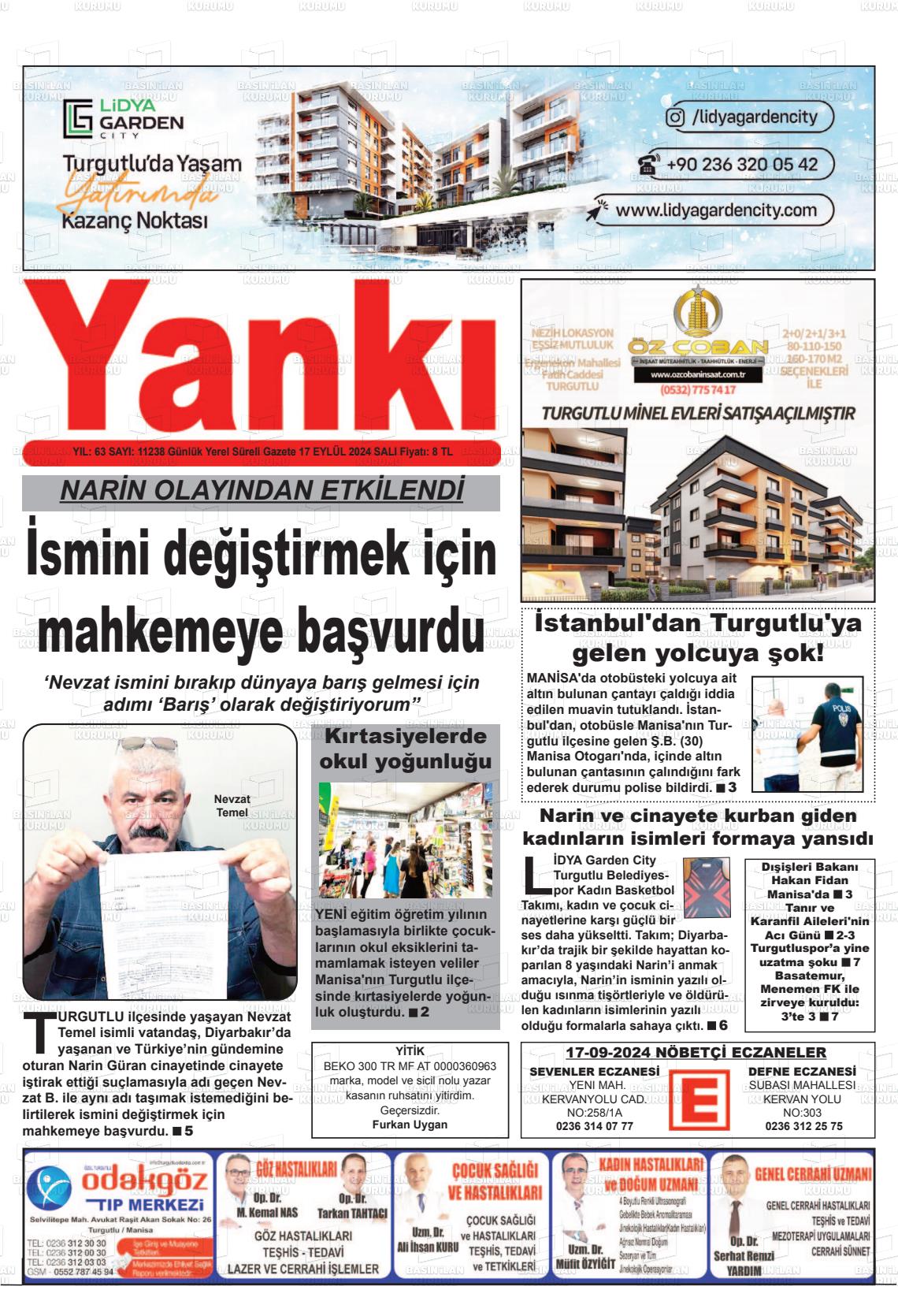 17 Eylül 2024 Turgutlu Yankı Gazete Manşeti