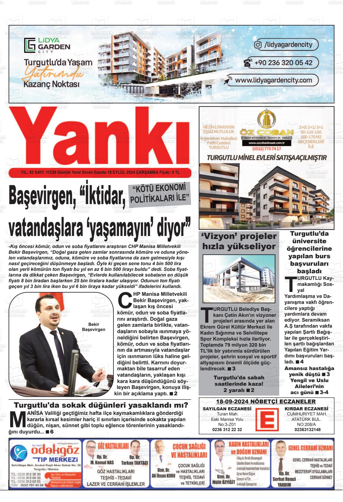 18 Eylül 2024 Turgutlu Yankı Gazete Manşeti