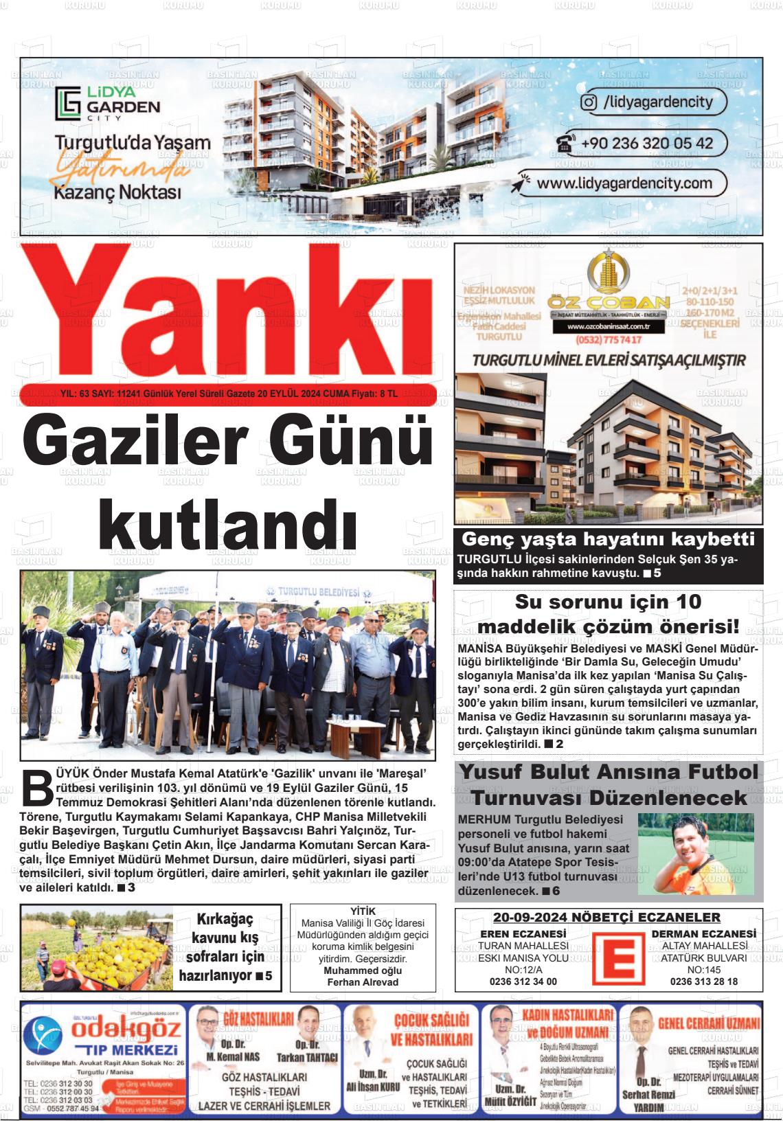 20 Eylül 2024 Turgutlu Yankı Gazete Manşeti