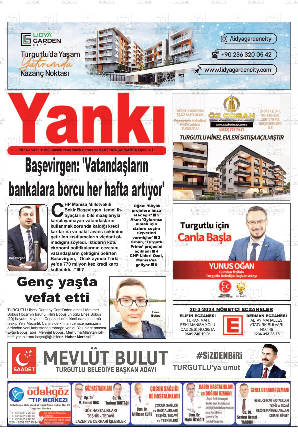 20 Mart 2024 Turgutlu Yankı Gazete Manşeti