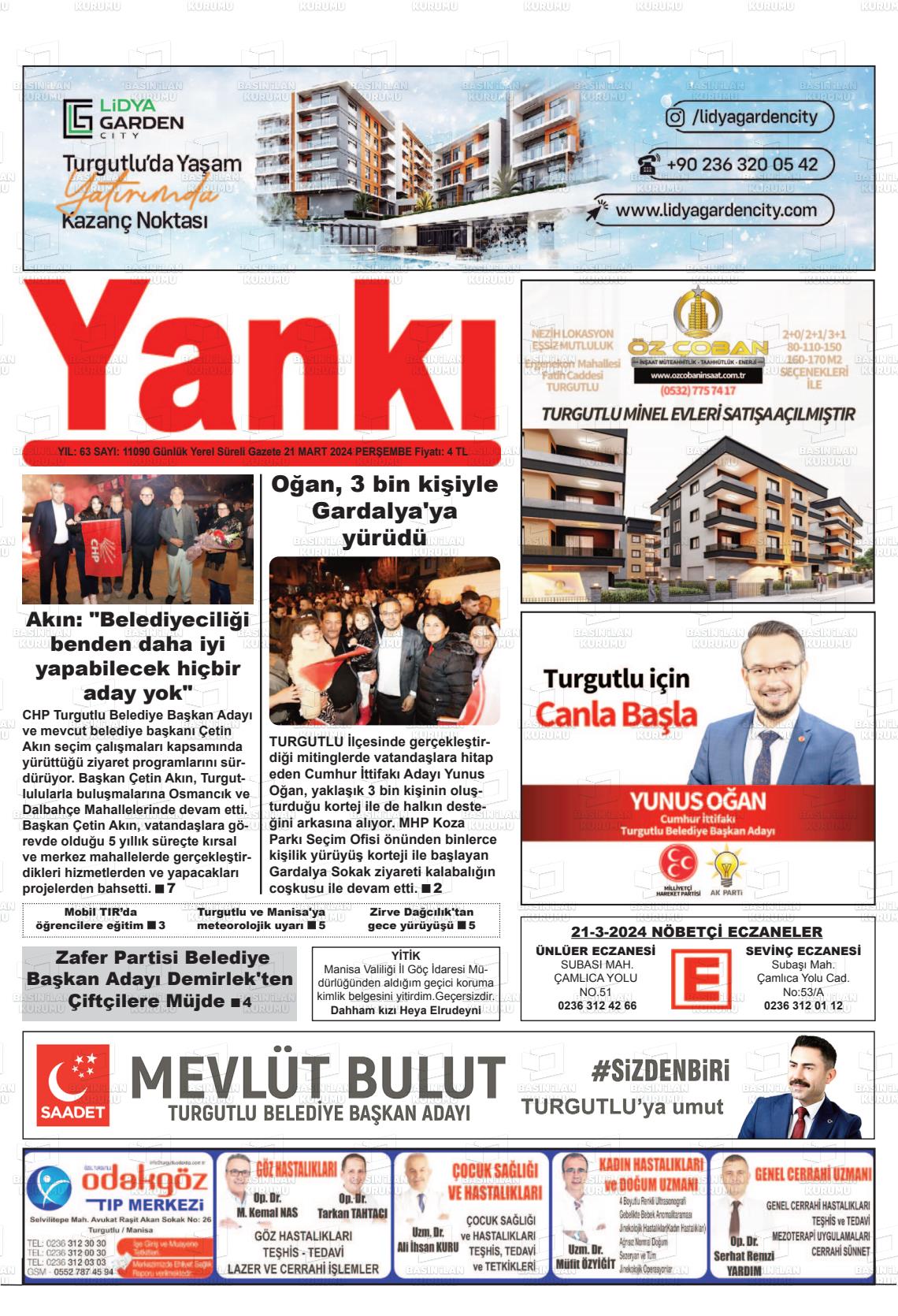 21 Mart 2024 Turgutlu Yankı Gazete Manşeti