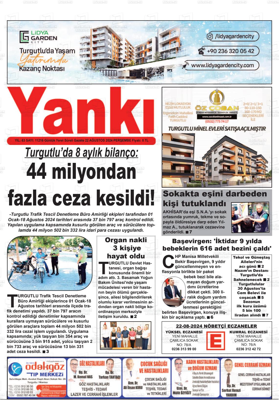 22 Ağustos 2024 Turgutlu Yankı Gazete Manşeti