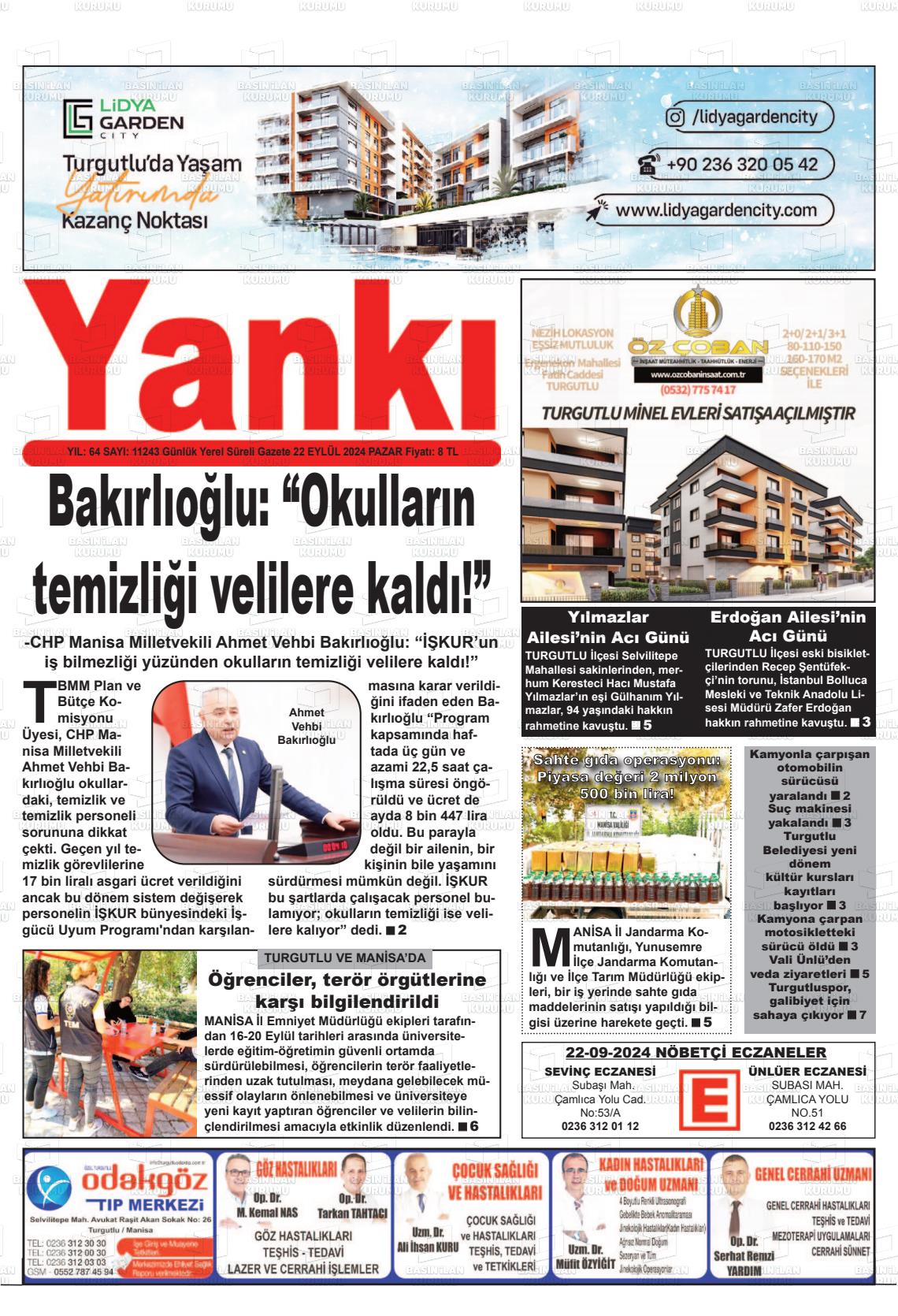 22 Eylül 2024 Turgutlu Yankı Gazete Manşeti