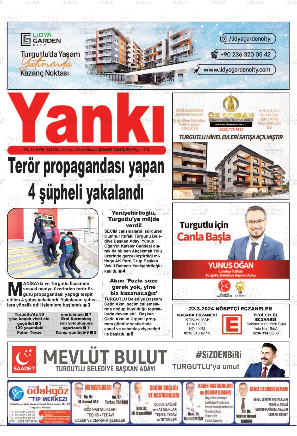 22 Mart 2024 Turgutlu Yankı Gazete Manşeti