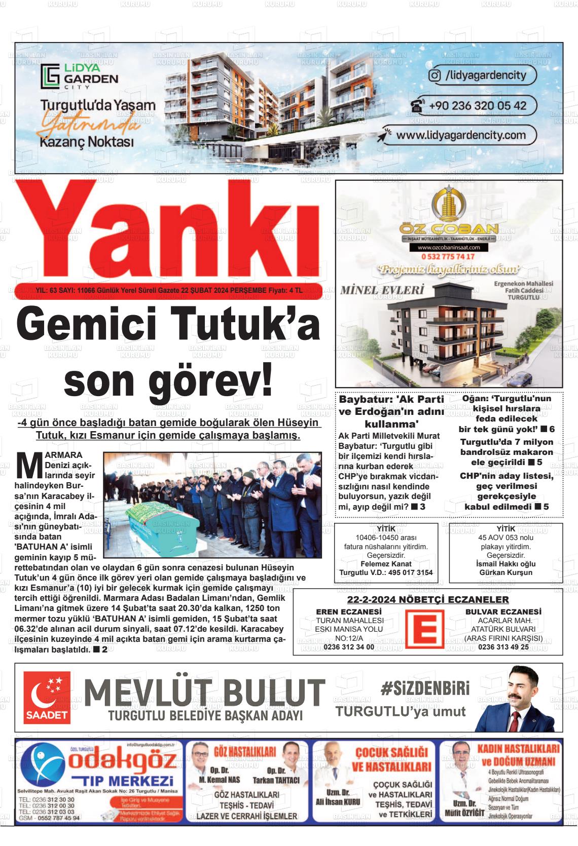 22 Şubat 2024 Turgutlu Yankı Gazete Manşeti