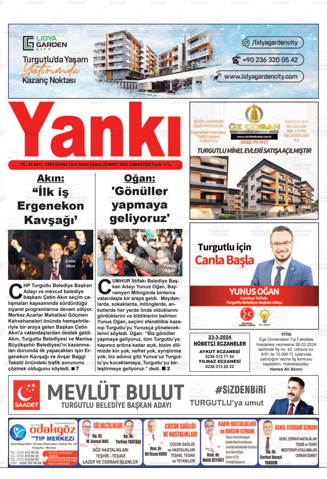 23 Mart 2024 Turgutlu Yankı Gazete Manşeti