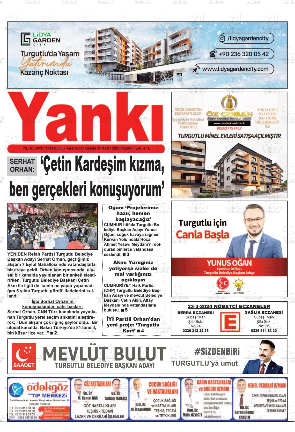 24 Mart 2024 Turgutlu Yankı Gazete Manşeti